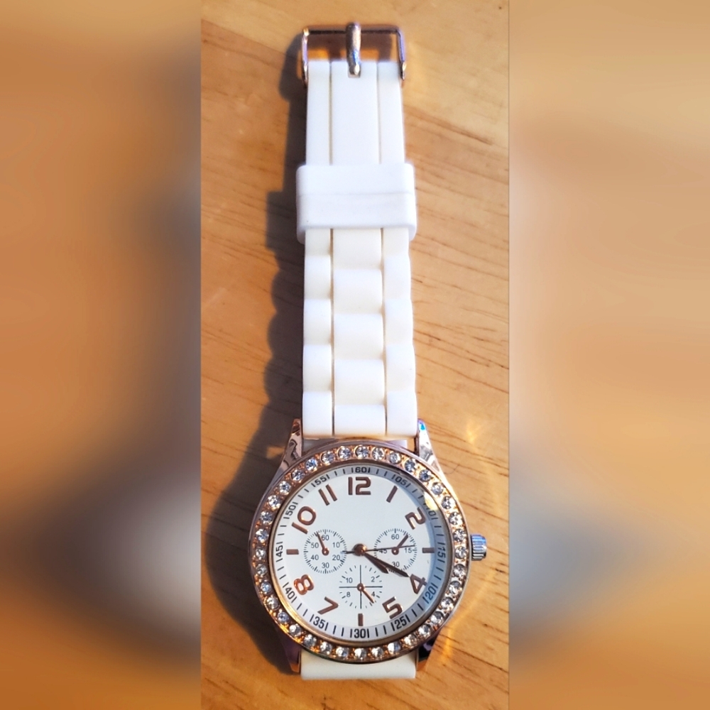 Darice White and RoseGold Tone Watch with Crystal Bezel